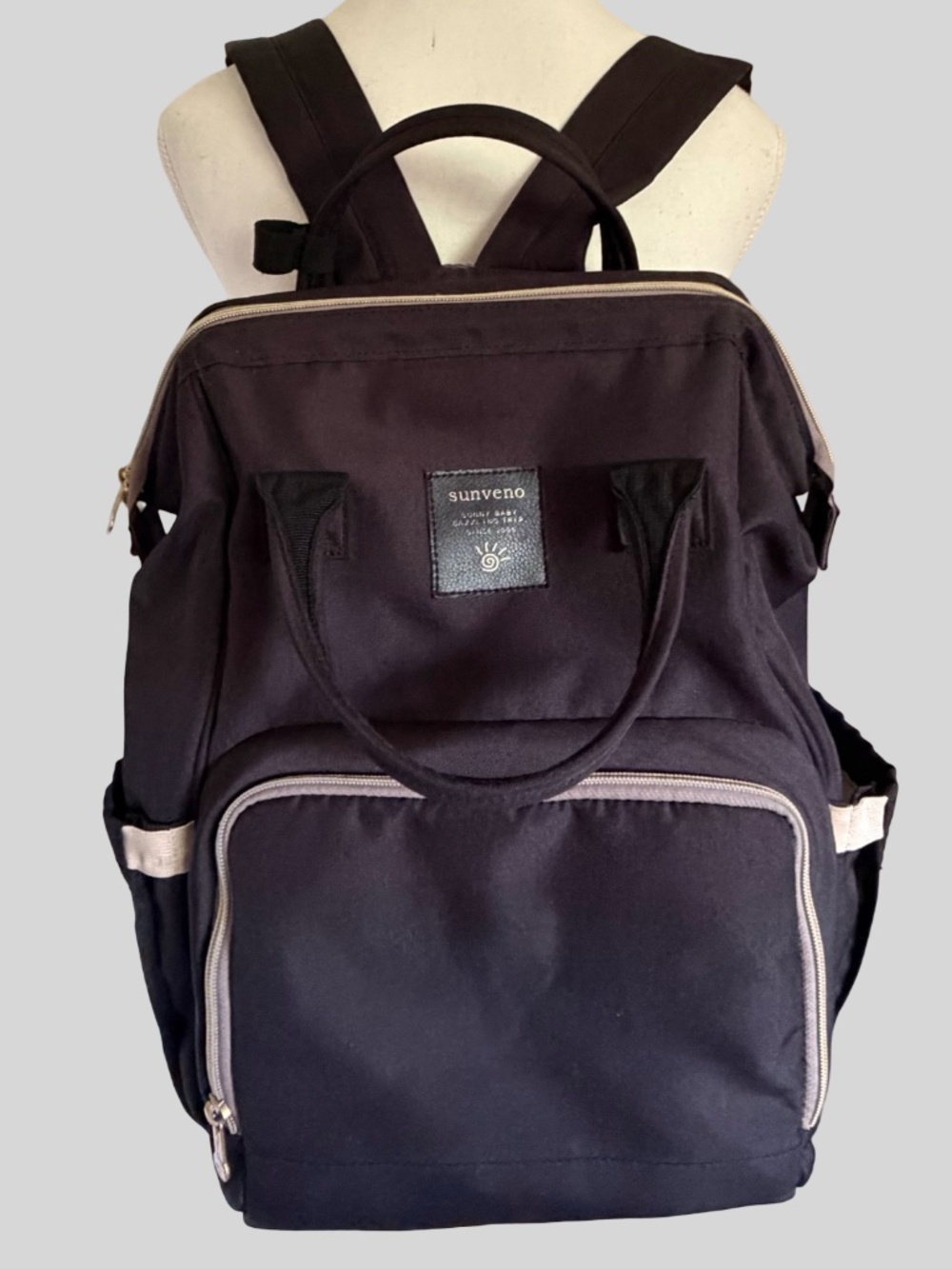 Sunveno Black Nylon Backpack Carry Baby Diaper Essentials Bag